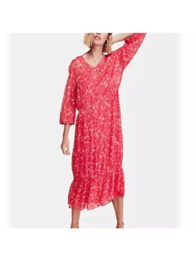 Free People Wallflower Midi Dress Raspberry Pink Floral Tiered Small NWT